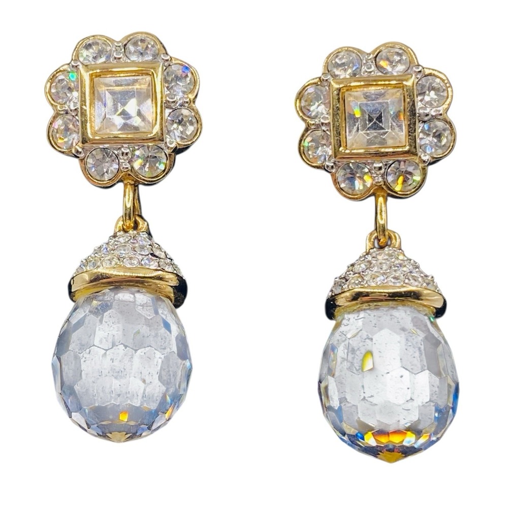 Swarovski Swan Signed Goldtone Crystal Ball Flower Pierced Dangle Drop Earrings